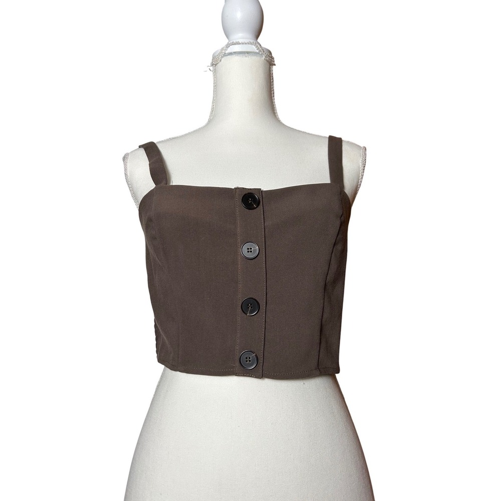 NWT Button Front Crop Top Brown Adjustable Straps Tank Top Preppy‎ Chic Euro